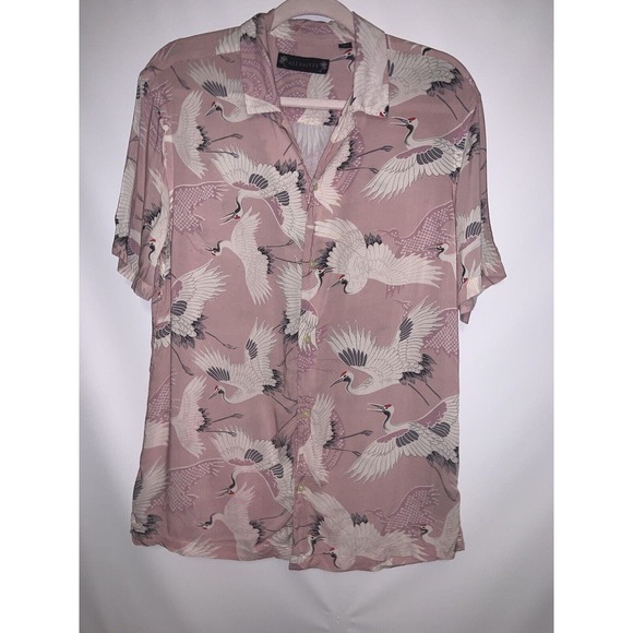 All Saints Pink Crane Print Casual Button Down Shirt - Picture 1 of 6